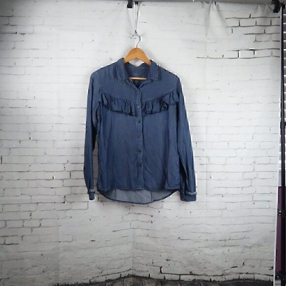 LEE BLUE DENIM LONG SLEEVE BUTTON DOWN WESTERN RUFFLE SHIRT SIZE MEDIUM - Picture 4 of 10